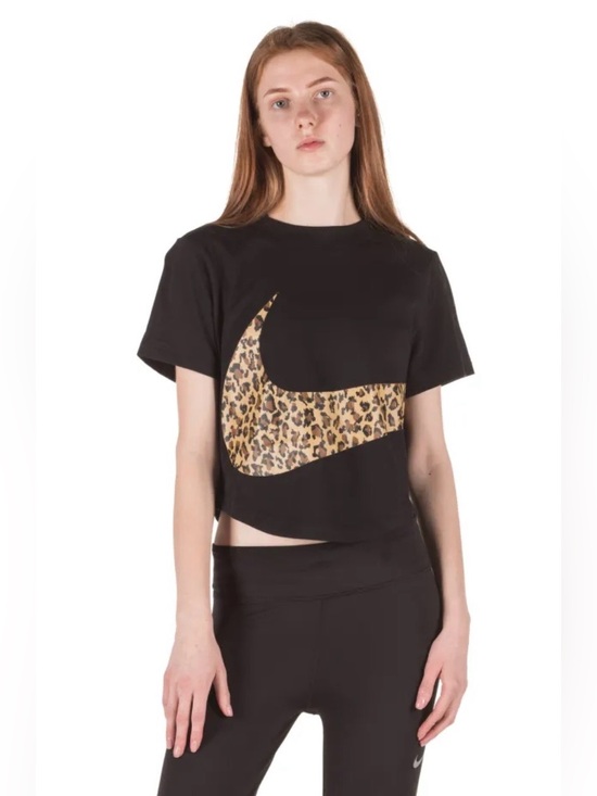 Nike Tops - Nike NSW Animal Print Swoosh Cropped Top Black Leopard Logo Size M